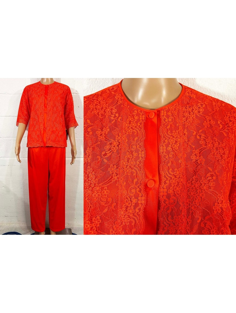 Vanity Fair Pajama Set Coral Red Nylon Lace 1960s Medium